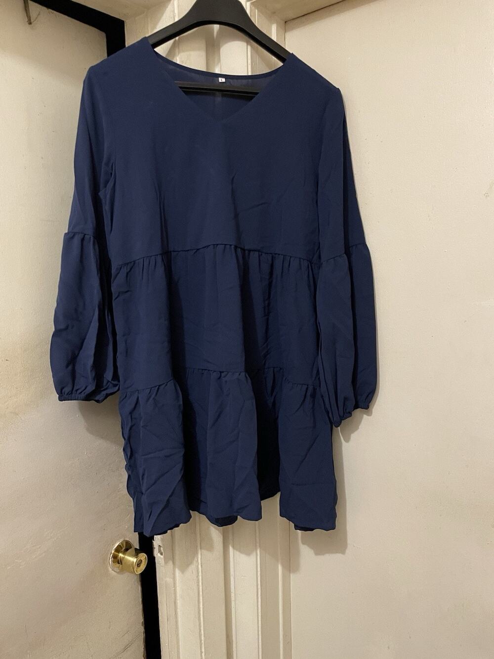 Women’s Large Navy Blue Tiered Babydoll Dress Long Sleeve V-Neck Flowy Boho